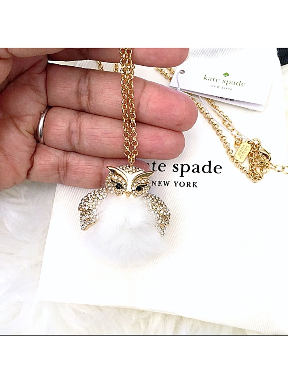 Kate Spade Star Bright Gold Owl Pendant Necklace with White Pom Pom